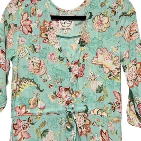 Sunday Mi Amor Womens Small Green Cottage Prairie Romantic Midi Floral Dress - Picture 3 of 9